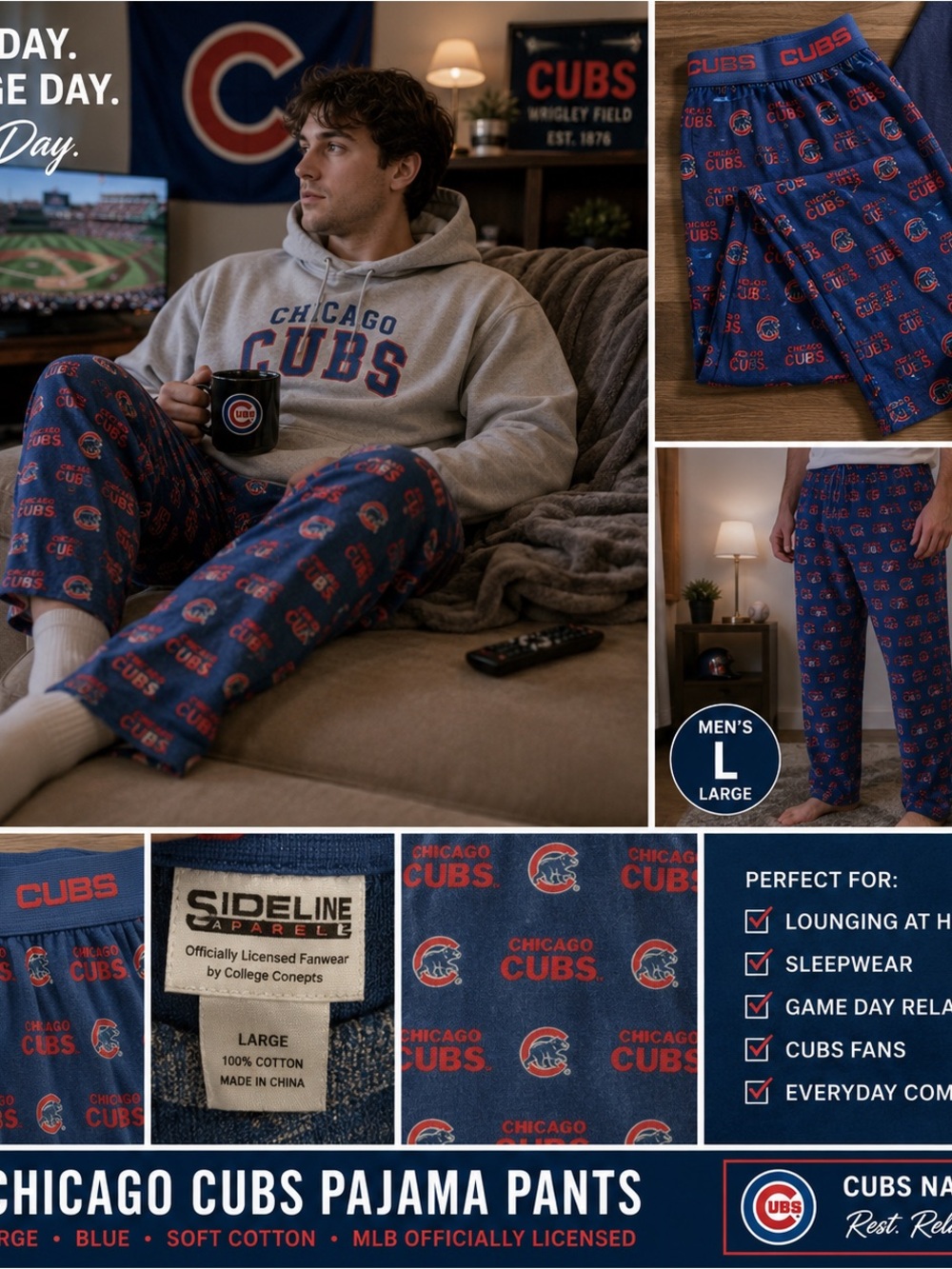 VTG Chicago Cubs Pajama Pants Men Large Blue MLB Lounge Sleep Pants Soft Cotton